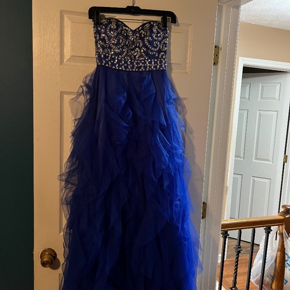 V Cut Long Blue Masquerade Junior Dress - Picture 2 of 3